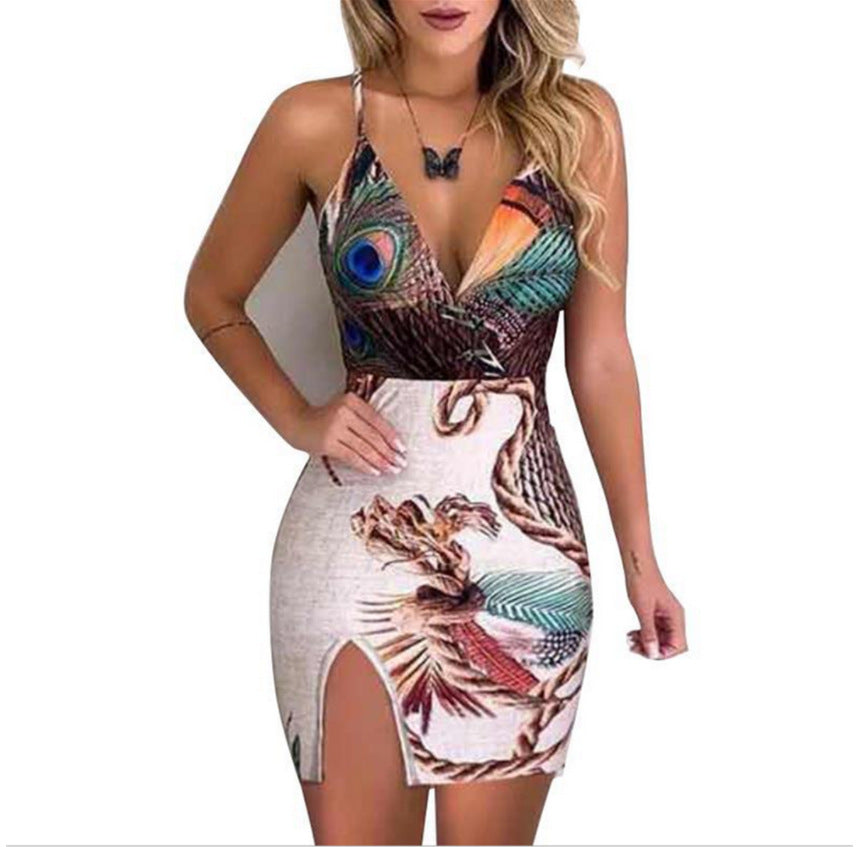 Sling V Neck Peacock Dress