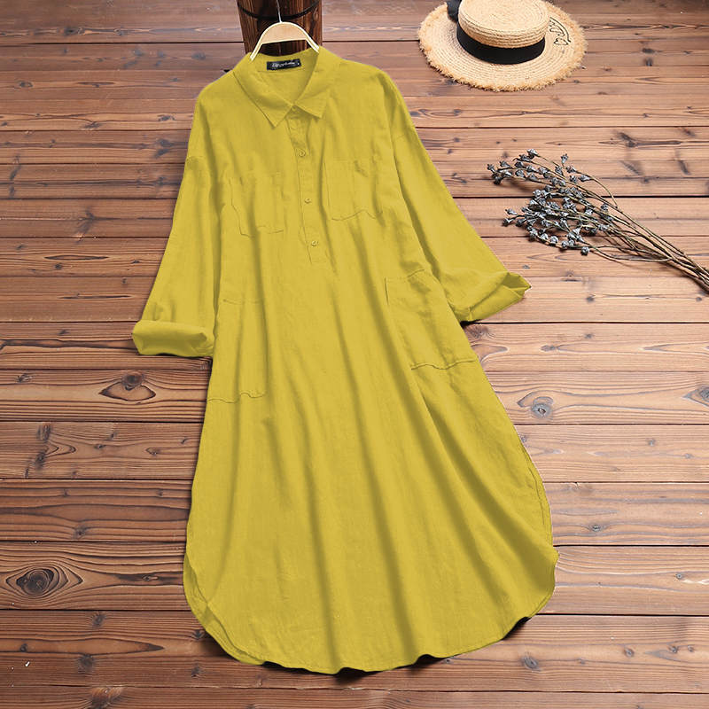 Elegant Solid Color Slit Long Shirt Dress