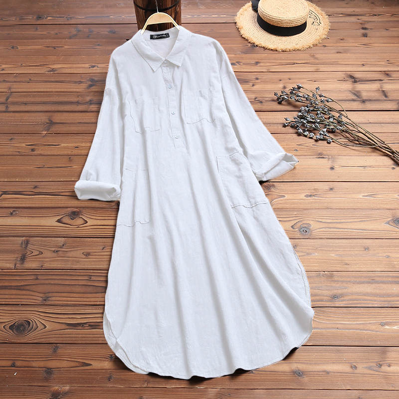 Elegant Solid Color Slit Long Shirt Dress