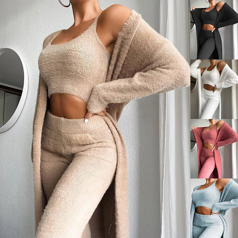 3pcs Women's Solid Fluffy Plain Crop Top, Pants & Longline Coat Warm Cozy Suit Sets