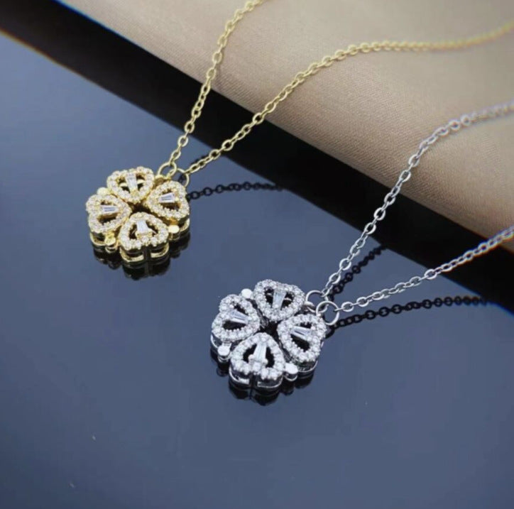 Magnetic Folding Heart Shaped Four Leaf Clover Pendant Necklace Women Love Clavicle Chain