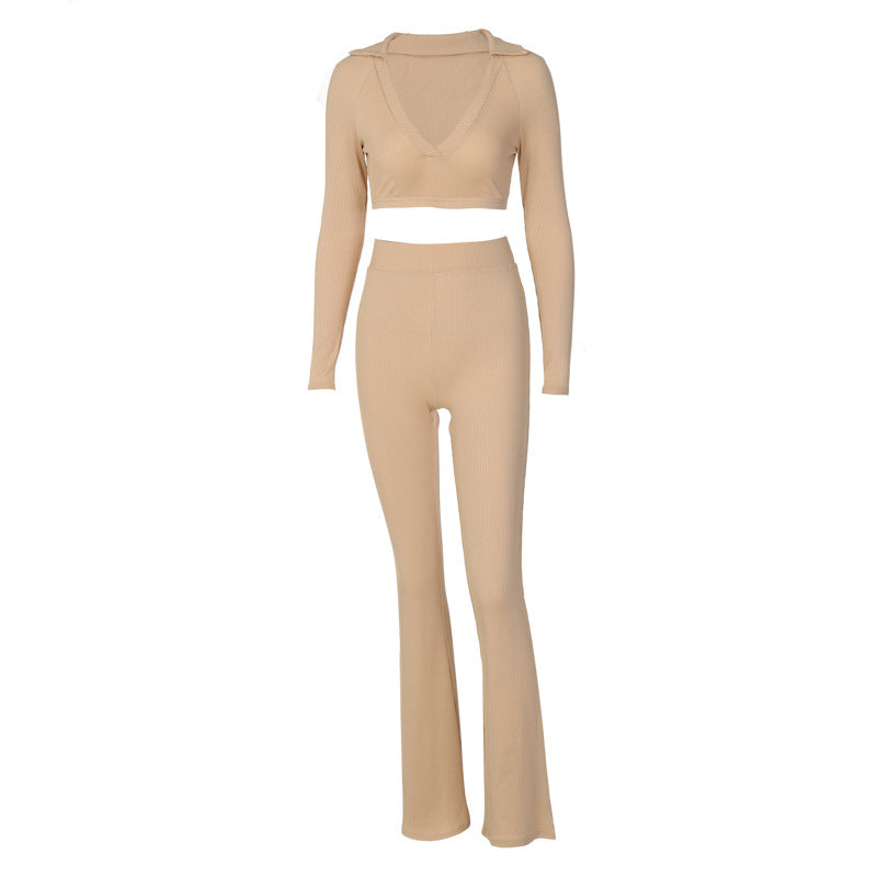 V-Neck Long-Sleeve Top Micro-Flare Pants Two-Piece Set