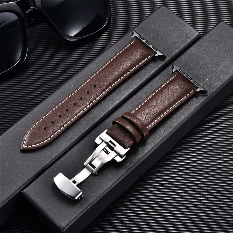 Compatible with Apple, Strap Watch First Layer Leather Butterfly Buckle Strap