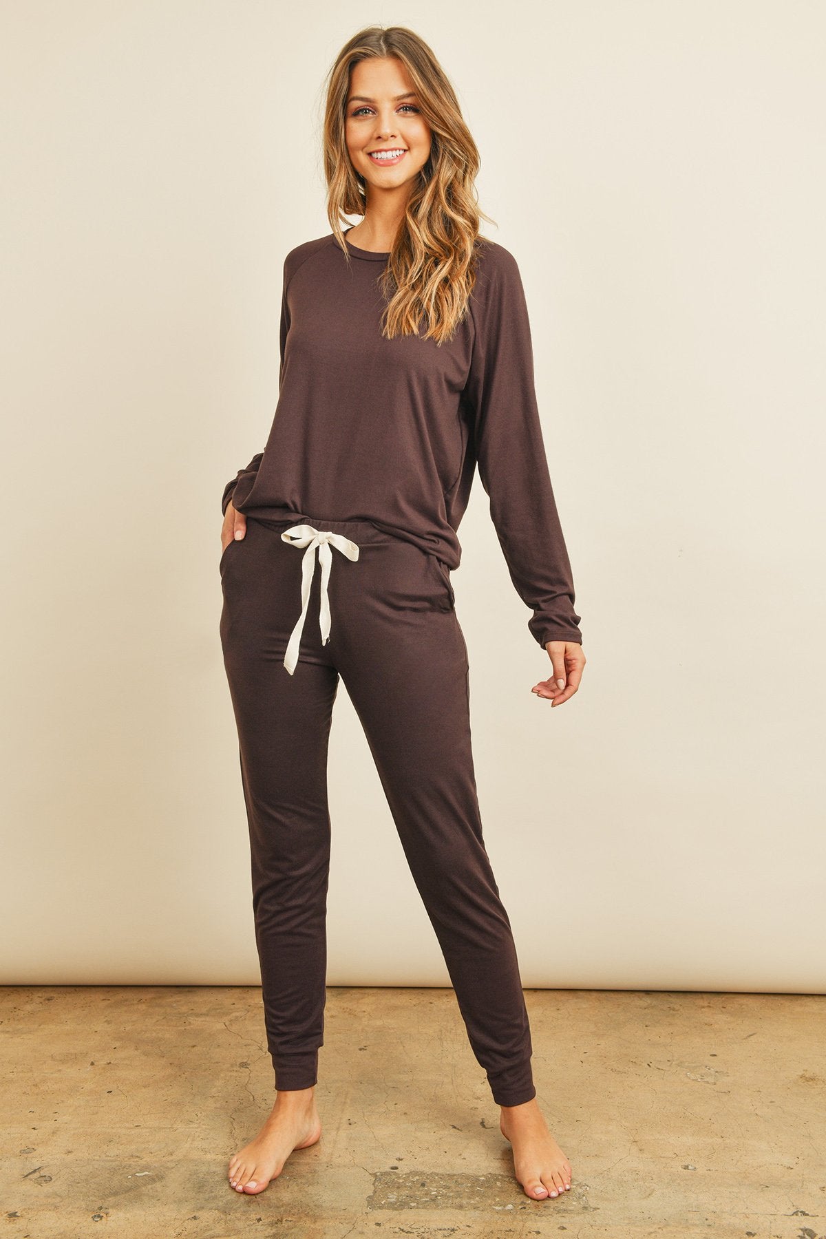 Solid Brushed Top and Jogger Set With Self Tie