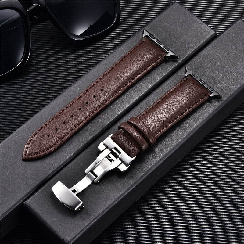 Compatible with Apple, Strap Watch First Layer Leather Butterfly Buckle Strap
