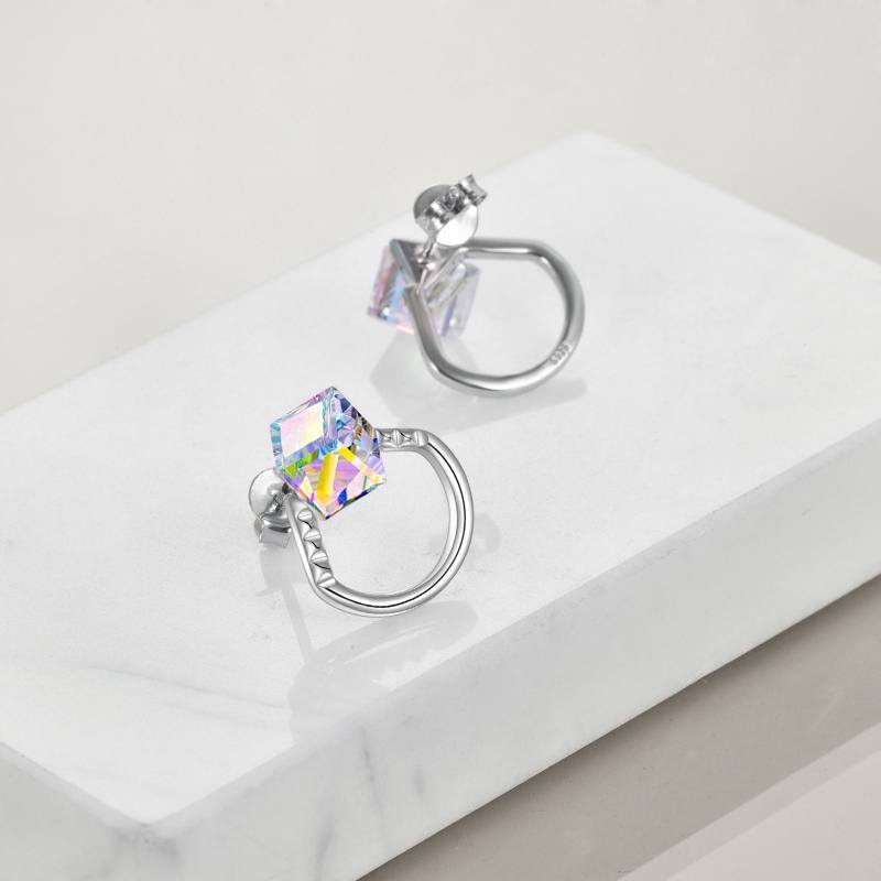 Sterling Silver Cube Aurora Borealis Crystal Stud Earrings